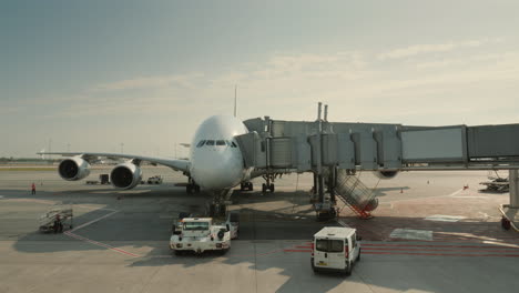 passengers board a huge airliner at the hub visible silhouettes of people entering the plane