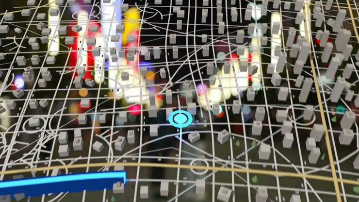 After scan AR 3D map overlay appearing over blurred street, pin dropping, blue route guiding path