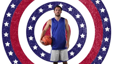 animation of basketball player over american flag pattern and colour circles