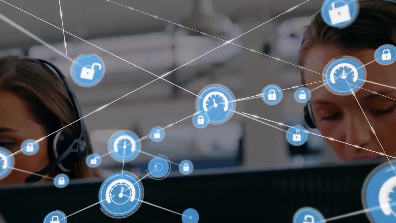 animación de la red de conexiones e iconos sobre personas de negocios que usan auriculares