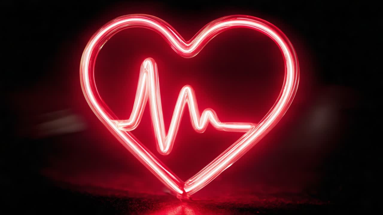 A Vibrant Heartbeat: Illuminated Neon Heart with Pulse Line Representing Love and Vitality in a Dark Background