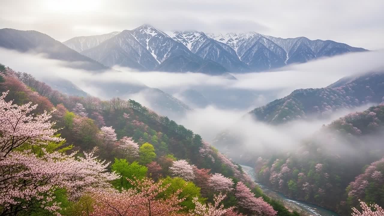 A Serene Landscape of Blossoming Cherry Trees and Majestic Snow-Capped Mountains in a Misty Valley, Capturing the Beauty of Nature's Harmony and Tranquility