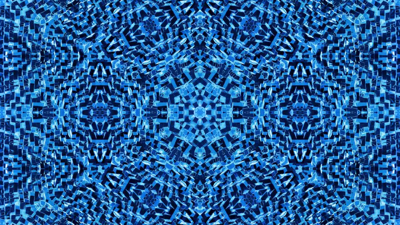 fondo simétrico abstracto con simetría estelar. mandala con olas. fondo líquido azul abstracto en bucle con patrón brillante ondulado, superficie brillante y brillante. efecto caleidoscopio