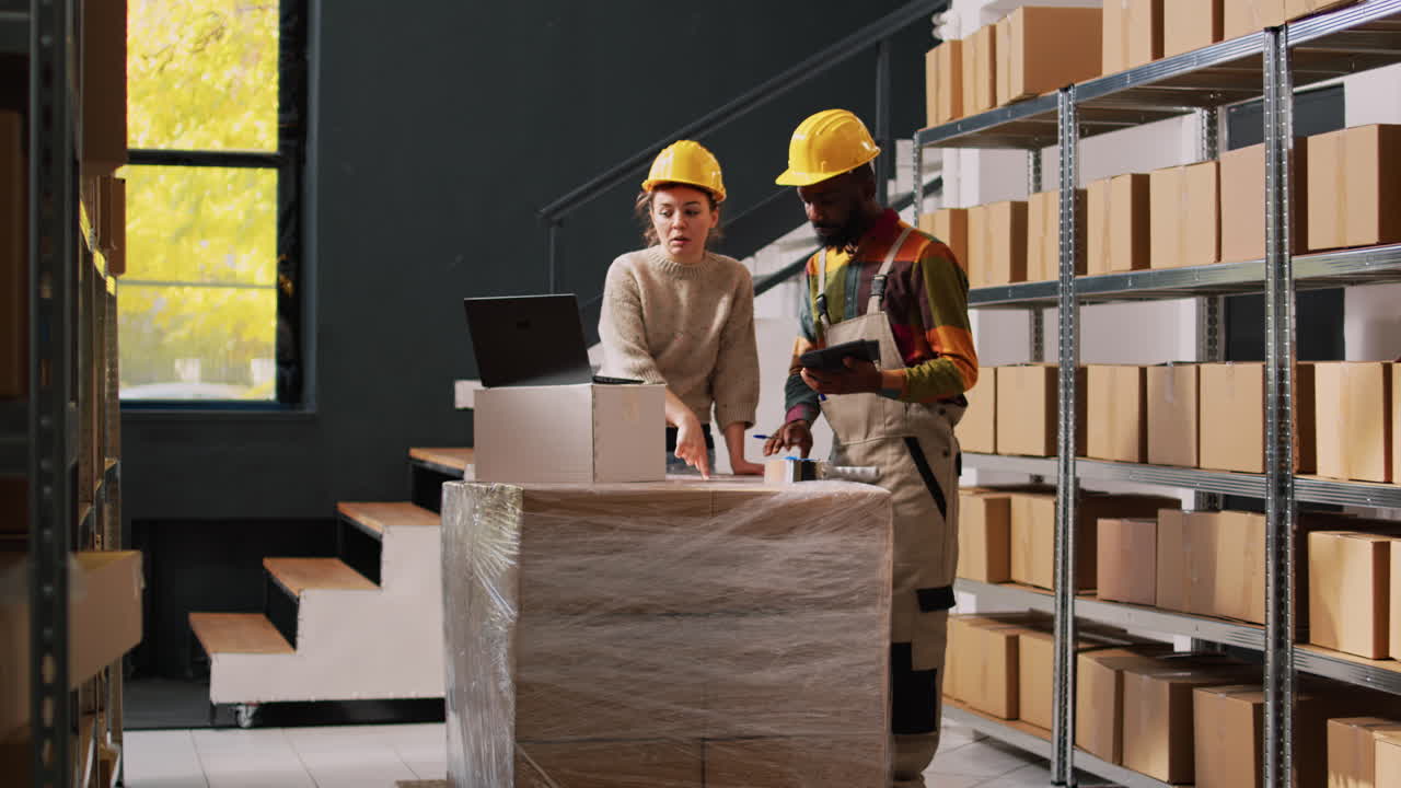 Warehouse workers checking inventory with laptop and tablet