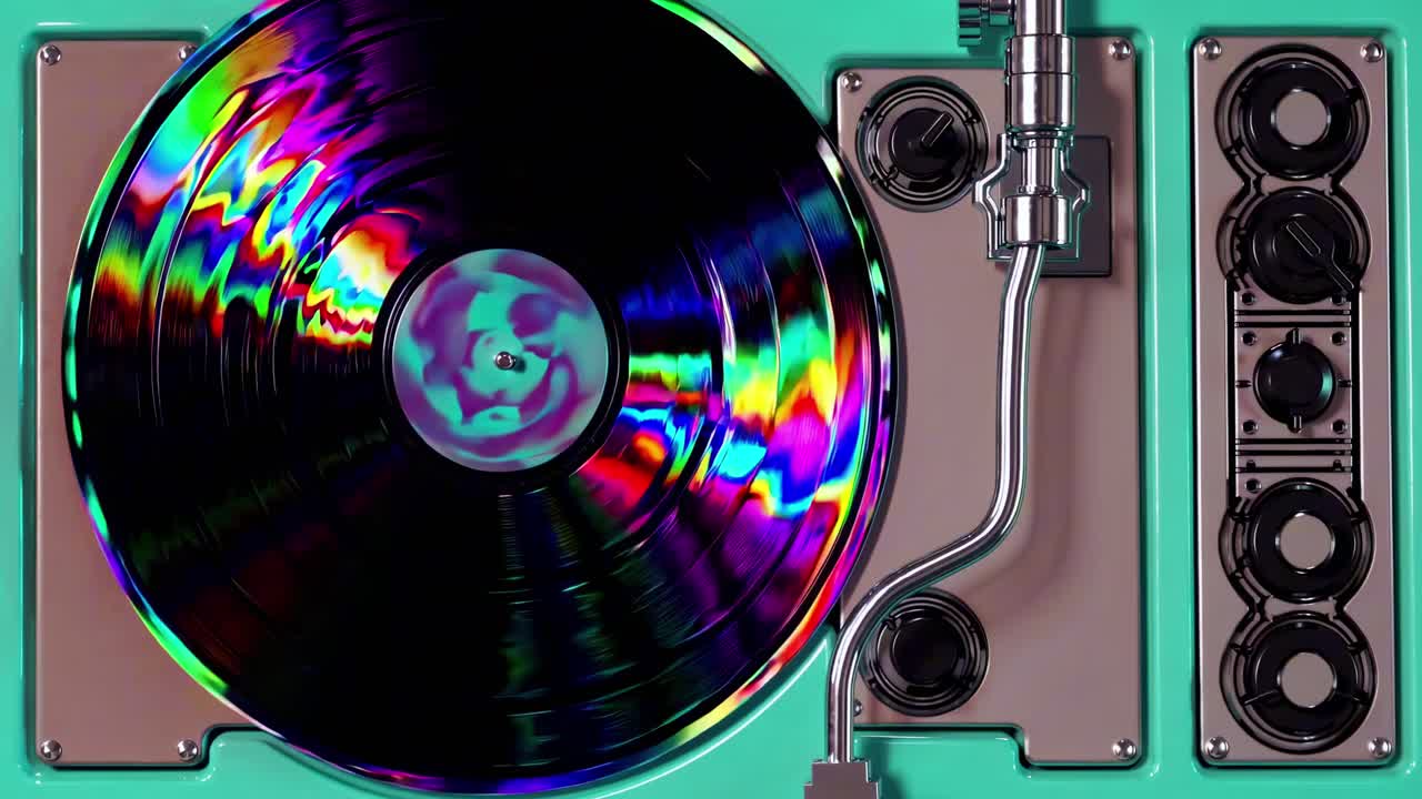 Top-down view of a colorful vinyl record on a turntable, showcasing vibrant, rainbow reflections