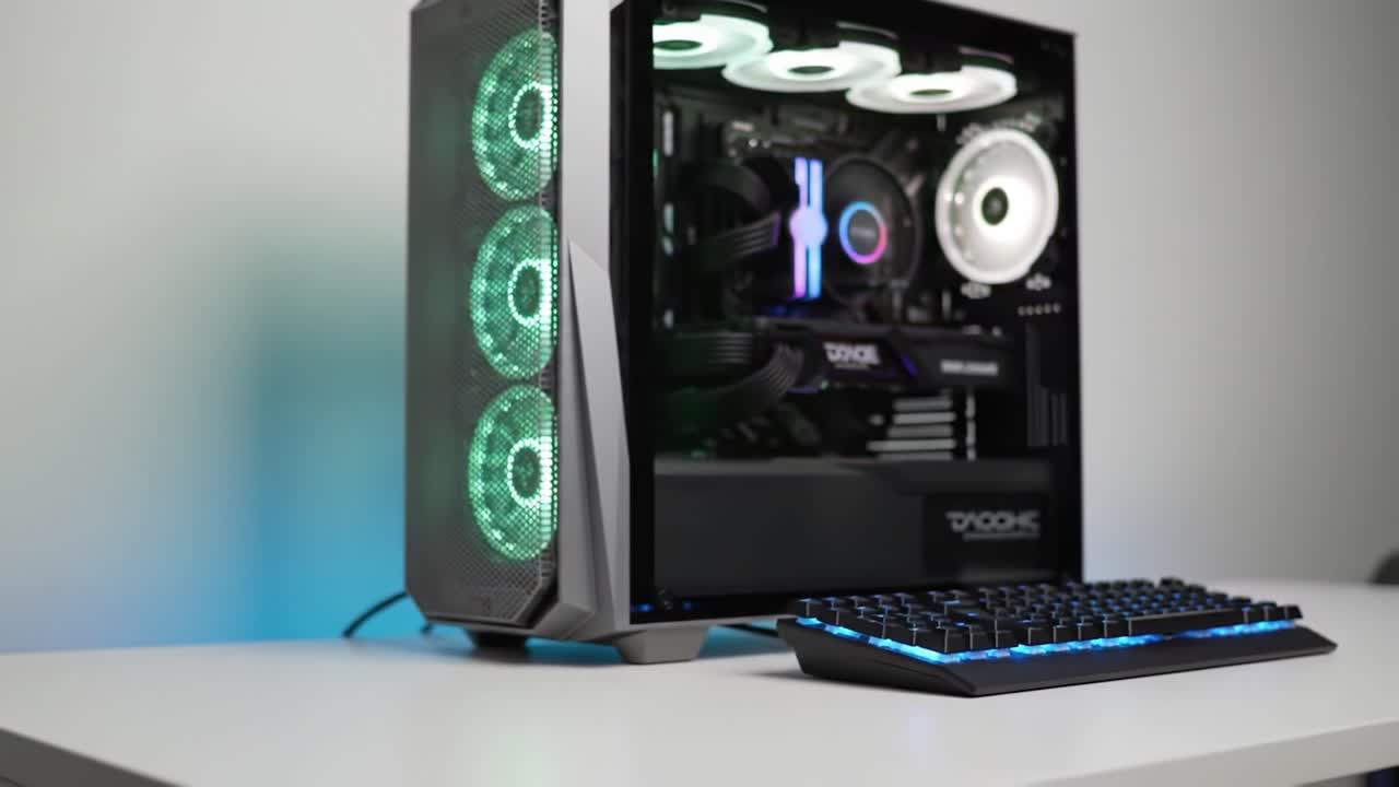 Sleek Gaming PC Showcase Featuring RGB Lighting and Modern Design Elements, Highlighting Components for Optimal Performance and Aesthetic Appeal