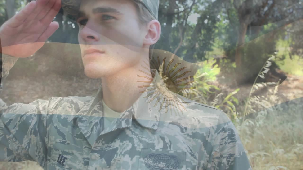 Airman turning head after camera shift, raising right hand to salute with translucent sun-overlay