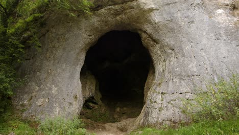 mid shot of the dove hole cave on the dove dale walk with tree in foreground