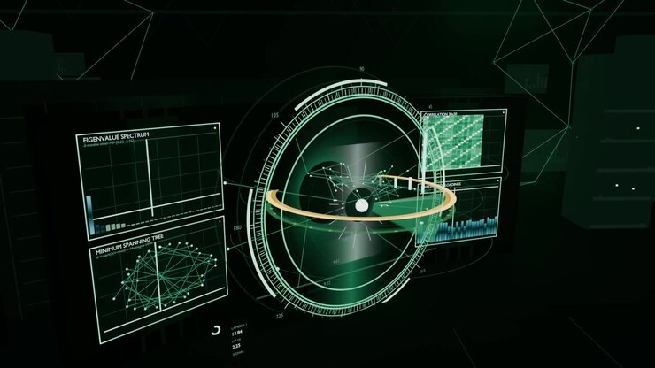 Glyph glowing holo sphere forming rings, gold orbit, scanning wedge checking model, panels updating