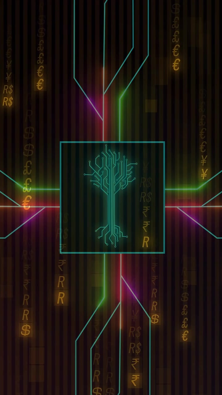 Vertical video: Nodes appearing near circuit square driving cyan branches, neon beams mapping money