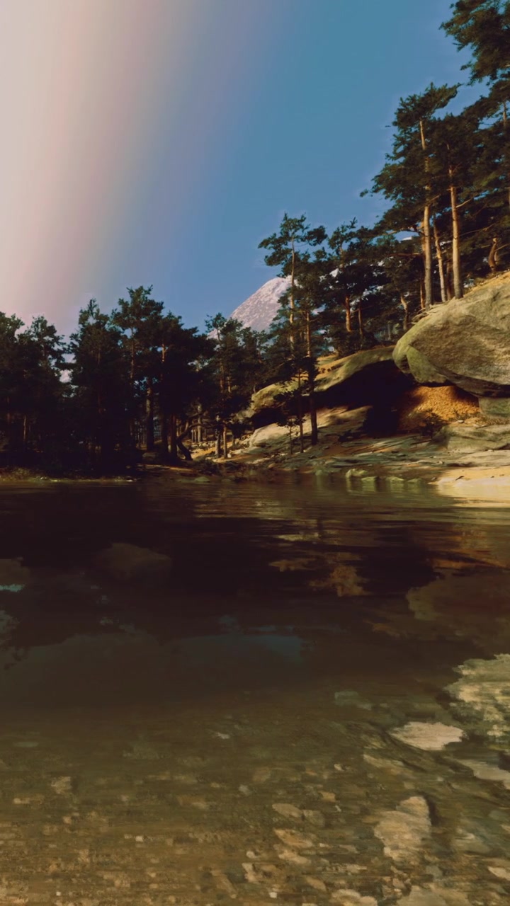 Foresta vicino all'acqua con alberi e rocce vicino a una montagna con tempo sereno