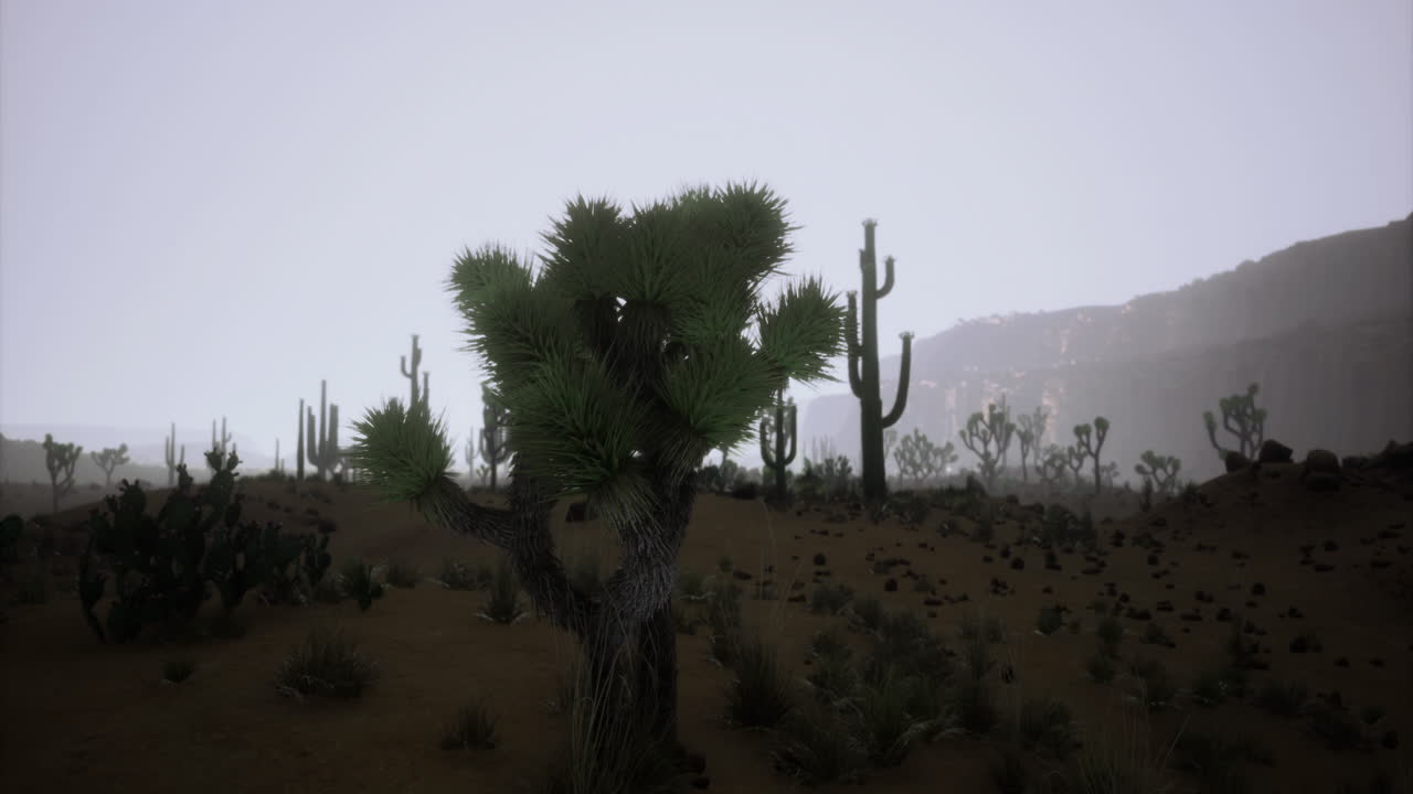Desert landscape with cacti and joshua tree during foggy morning