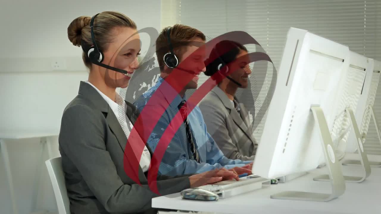 컴퓨터로 일하는 다양한 컨설턴트들에 대한 레드 글로브의 애니메이션.