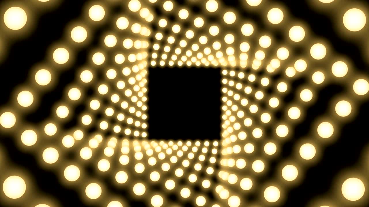 Tunnel Incandescent light bulb box frame square shape swirl rotate moving pattern, retro 3D virtual style illustration glow in dark background seamless looping animation 4K, with copy space