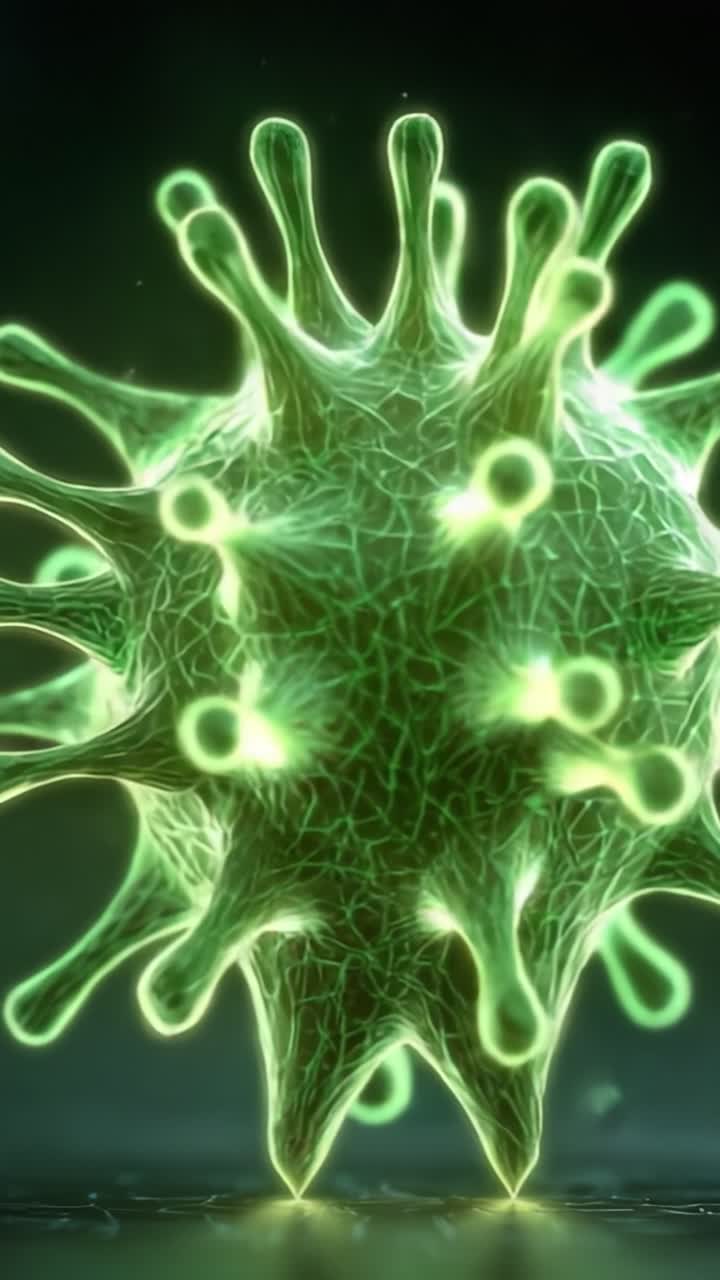 Rappresentazione intricata di un virus: una splendida visualizzazione della struttura virale che evidenzia i suoi complessi schemi e le sue caratteristiche uniche con una tonalità verde radiosa