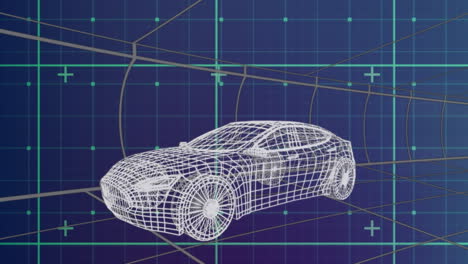 animation of data processing and shapes over digital car on blue background