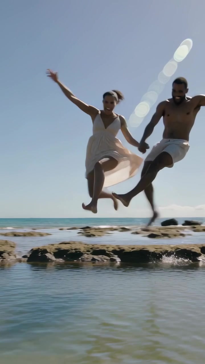 Video verticale: Coppia che corre in vestito e costume da bagno, raggiungendo una sporgenza di marea e saltando in piscina per divertimento.