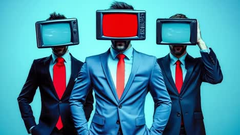tres hombres en trajes y corbatas con televisores en sus cabezas
