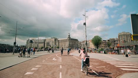 bustling city scene with cyclists and pedestrians in amsterdam