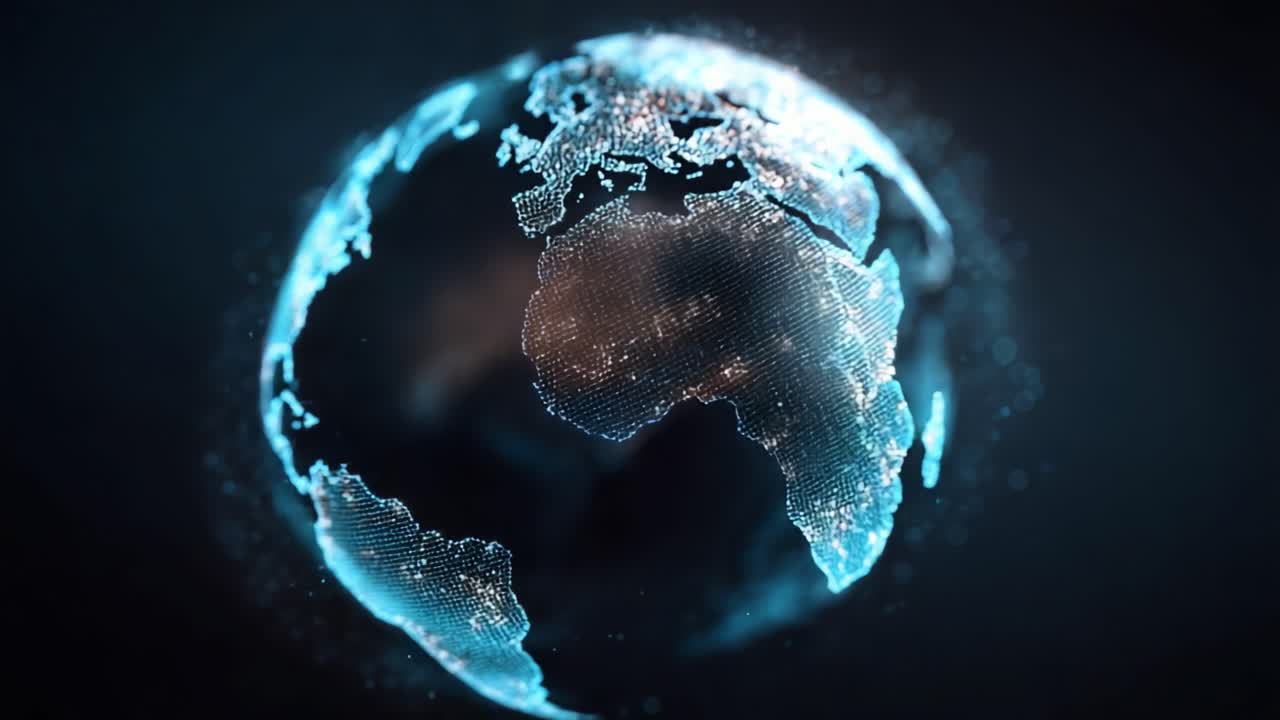 Representasi Digital Bumi yang Memukau Menampilkan Afrika dan Amerika dalam Tampilan Cahaya dan Teknologi yang Menawan, Menyoroti Konektivitas Global dan Inovasi