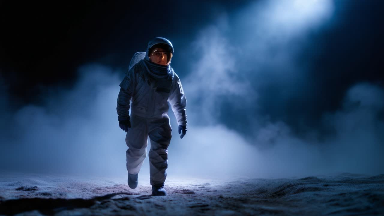 An astronaut walks through a mystical landscape illuminated by a beam of light, evoking themes of exploration and the wonders of space and the unknown