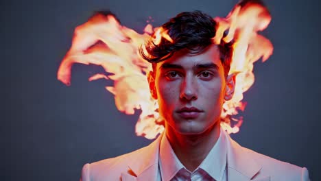 Businessman experiencing gradual head burning, depicting psychological strain, emotional breakdown, and inner struggles with stress management through surreal visual metaphor