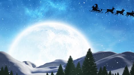 Animation-of-snow-falling-over-santa-claus-in-sleigh-with-reindeer-over-winter-landscape