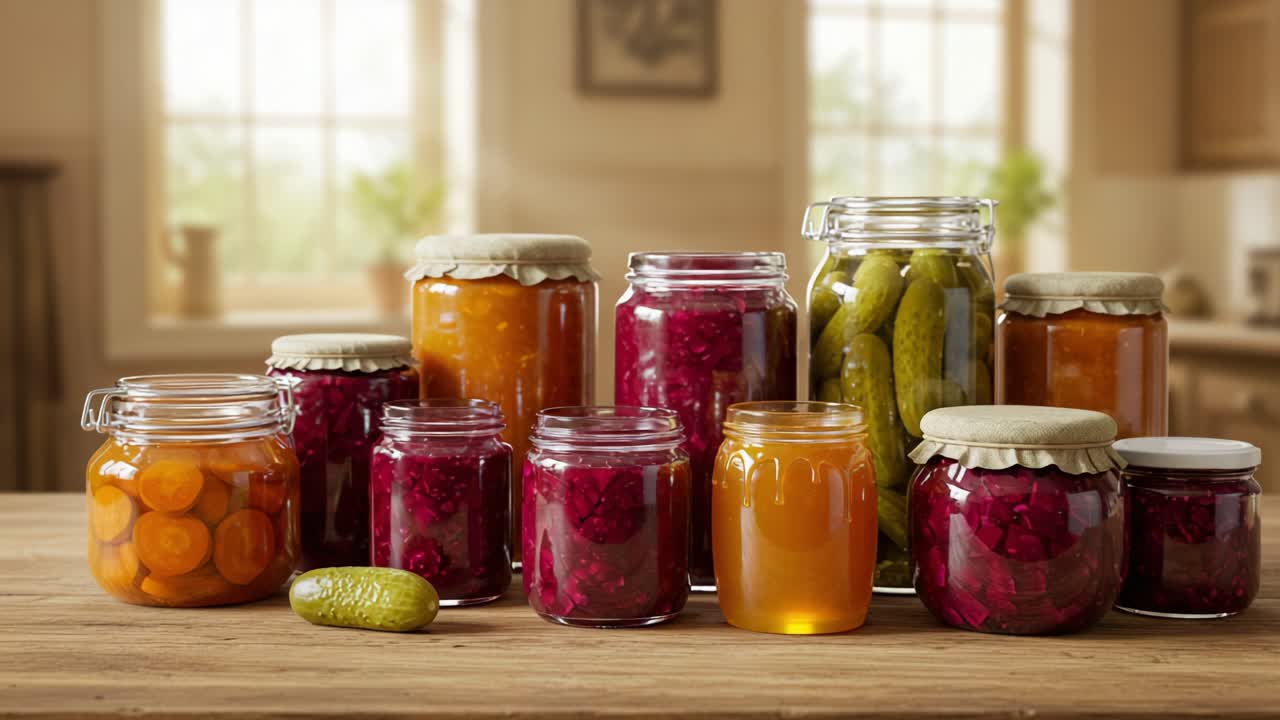 Colorful Array of Homemade Preserves and Pickles in Glass Jars on Rustic Wooden Table Showcasing a Delightful Fusion of Flavorful Summer Harvest with Fresh Ingredients