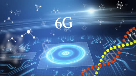 animación de tecnología 6g con gráficos futuristas y estructuras moleculares en interfaz digital
