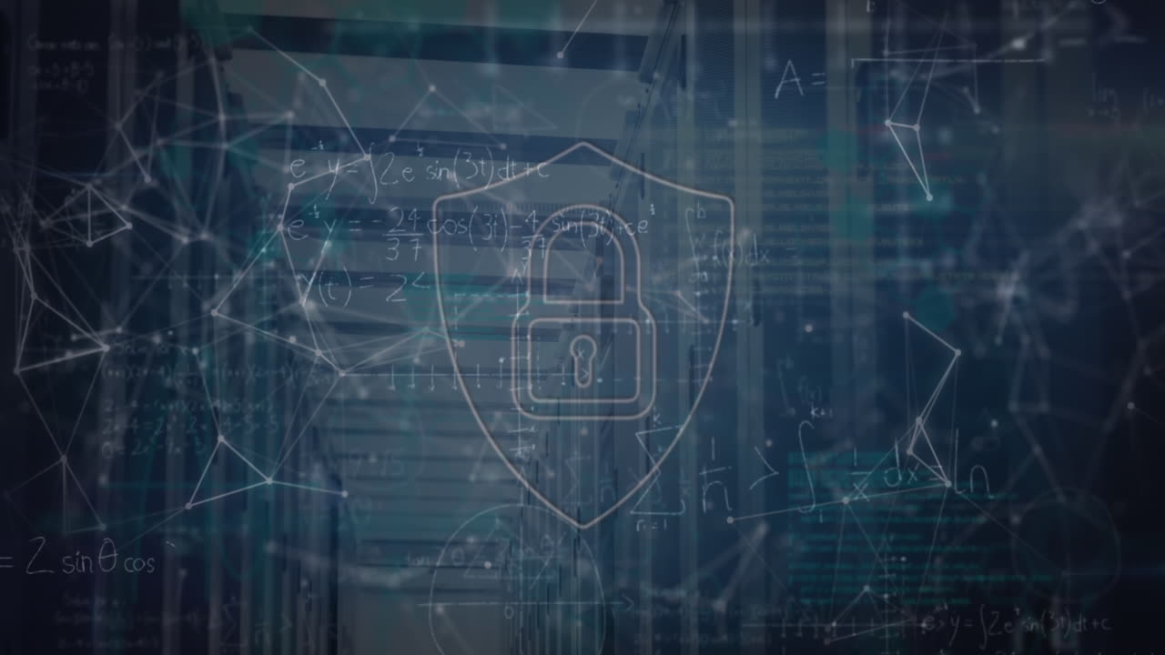animación de candados y formas sobre ecuaciones matemáticas y sala de servidores