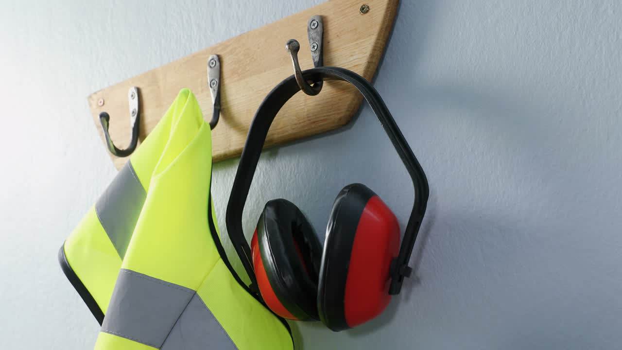 보호용 작업복이 갈고리에 매달려 있습니다. 4k