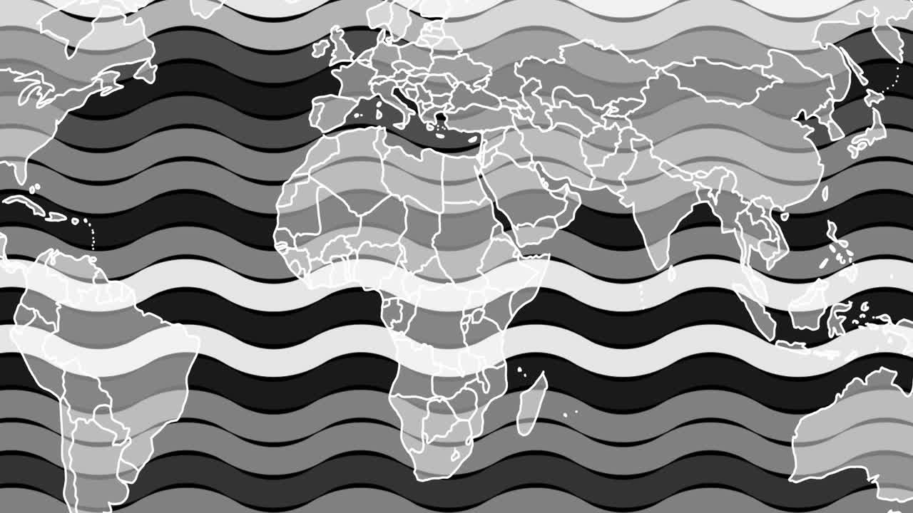 Animation of world map over wavy black and white pattern background