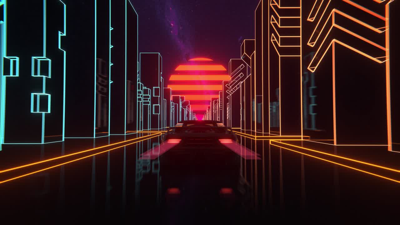 80s night city synthwave vj - 네온 조명, 태양, 별, 레트로 80s 스타일 그리드 태양 별, 오래된 tv 스크린 애니메이션 배경, vj - 레트로 미래주의 도시, 멀리 떨어진 도시 스카이 라인과 함께 해가 지는 쪽으로 운전 - 80s sf 스 비디오