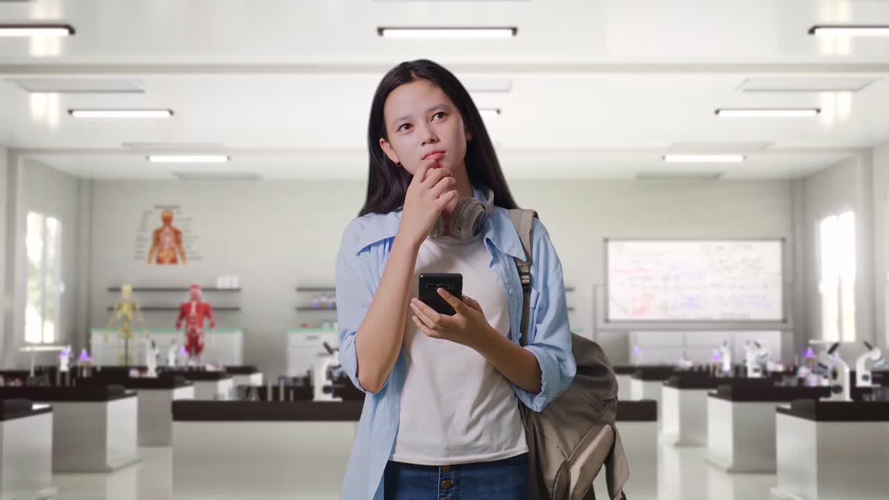 estudiante adolescente asiática con una mochila usando un teléfono inteligente y pensando mientras está de pie en un laboratorio de ciencias