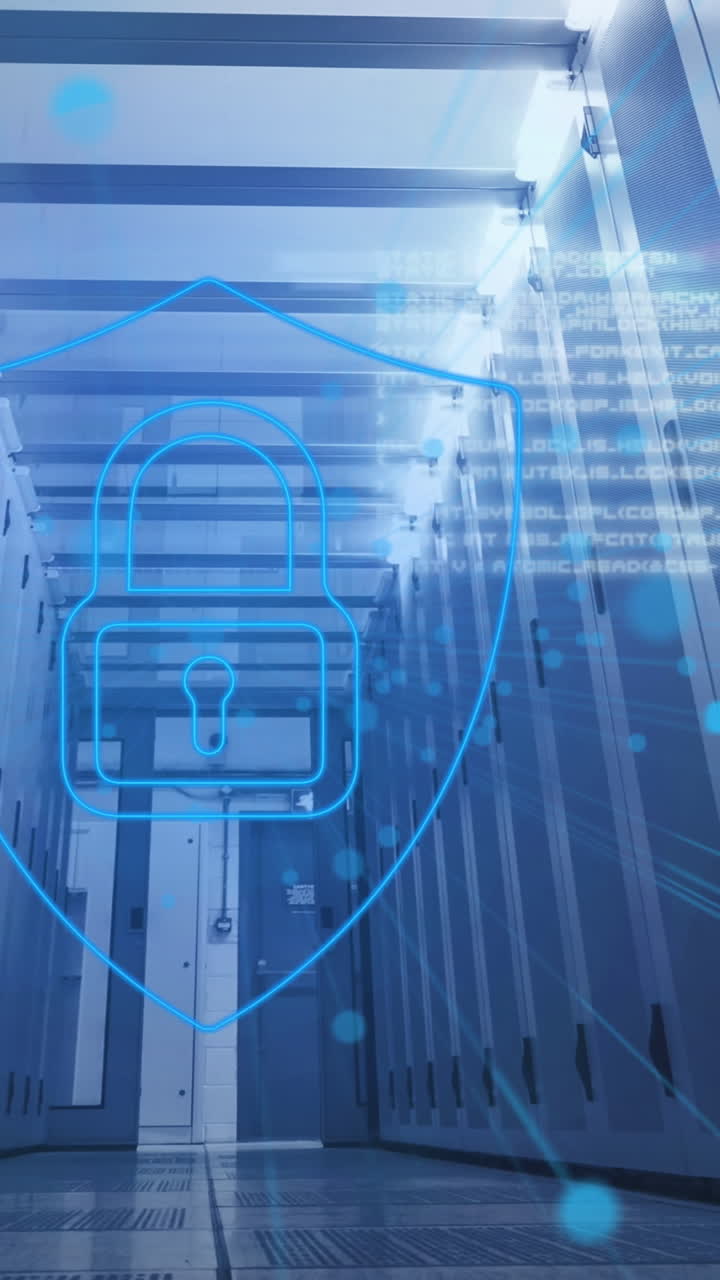 Animation of data processing and padlock over server room