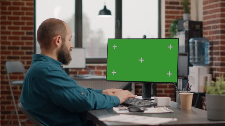 Uomo che lavora al computer con schermo verde in ufficio