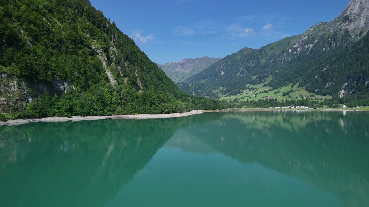 Lake Klöntal Klöntalersee Switzerland valley picture perfect reflection nature aerial drone Swiss