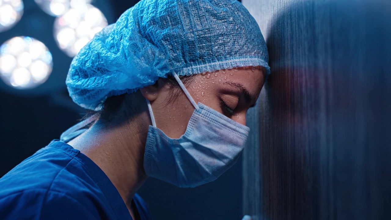 Un professionista sanitario in camice e mascherina mostra emozione durante un momento cruciale, creando un'immagine potente di dedizione e stress nel campo medico.