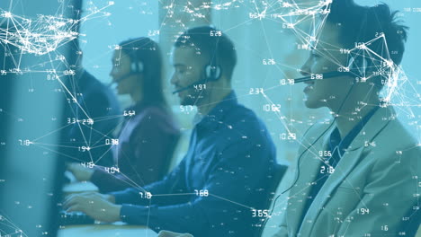 network of connections against team of customer care executives working at office