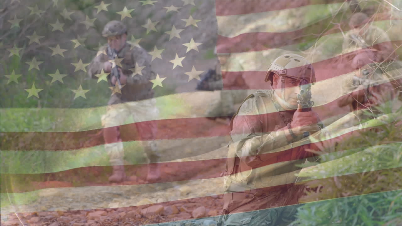 animación de la bandera de ee.uu. sobre varios soldados