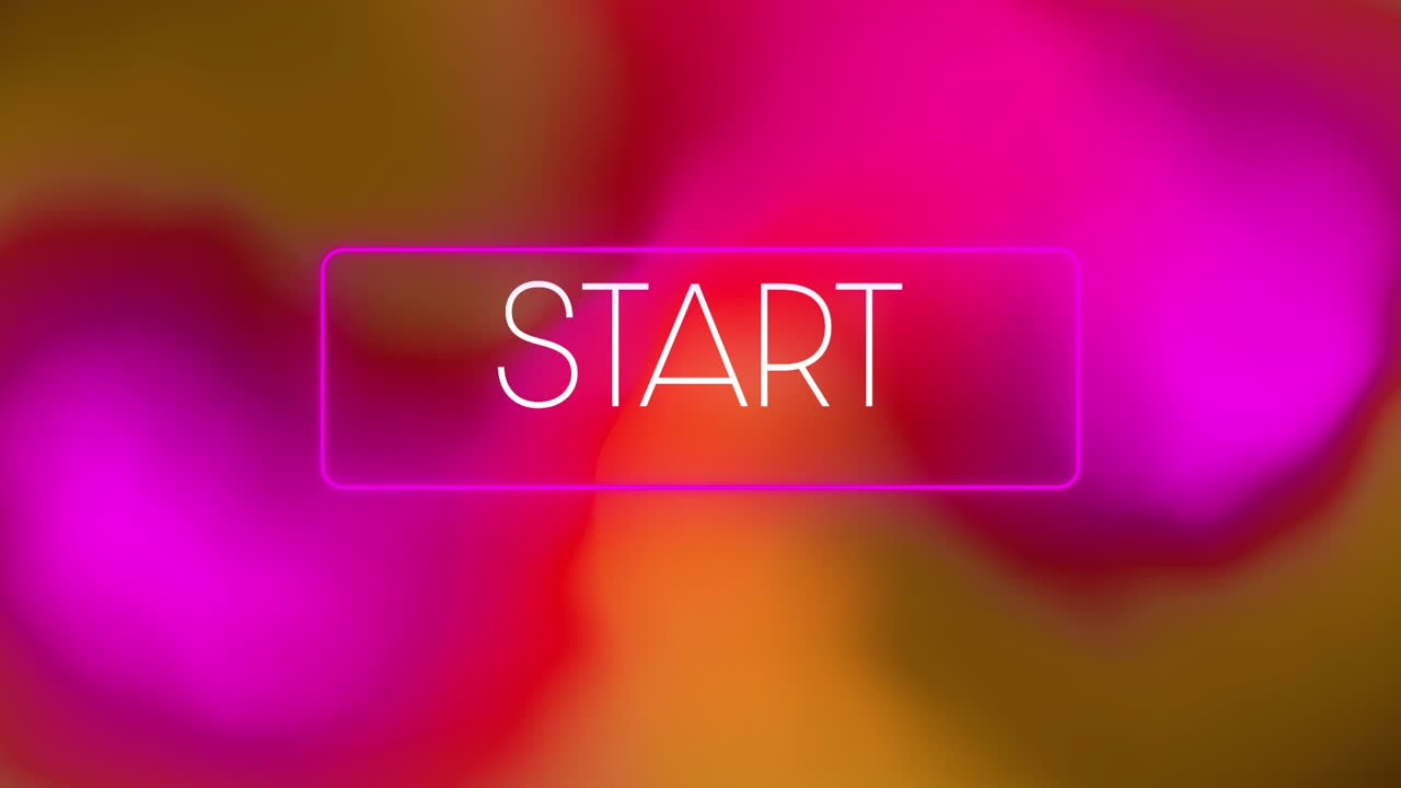 Animation of start text in white with pink frame over pink and orange blur