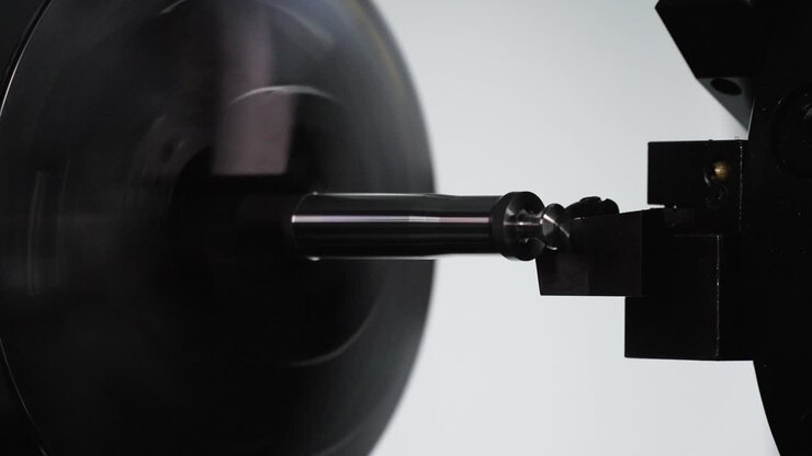 A metal bit being precisely cut by a CNC machine