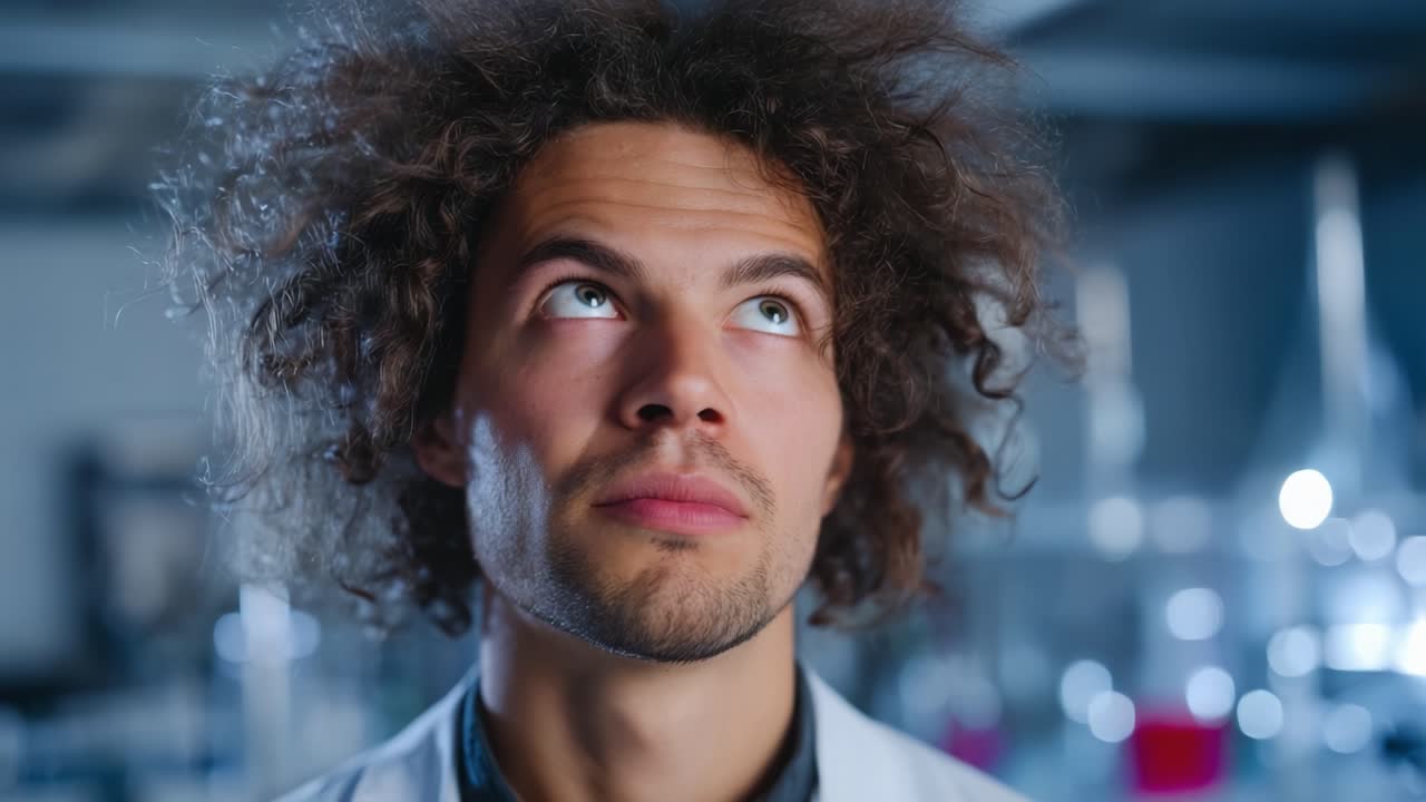 Cientista em laboratório refletindo sobre experimentos com cabelo cacheado e expressão pensativa em um ambiente de pesquisa claro e bem equipado