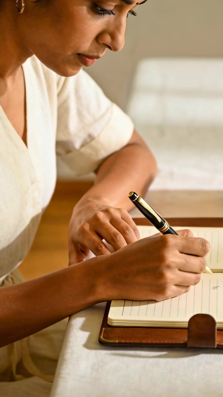 Vertical video: Uncapping fountain pen, Indian woman leaning, taking notes in folio at table, Vneck