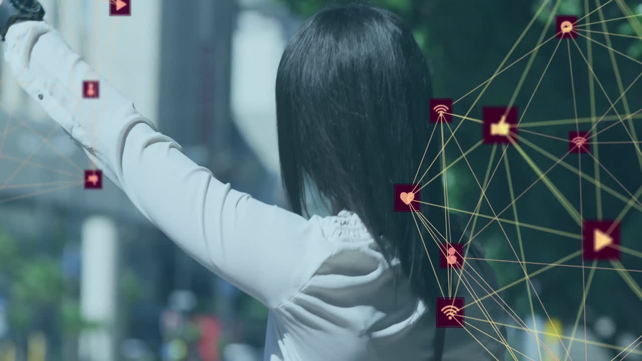 도시에서 택시를 멈추는 여성의 아이콘과 연결 네트워크의 애니메이션