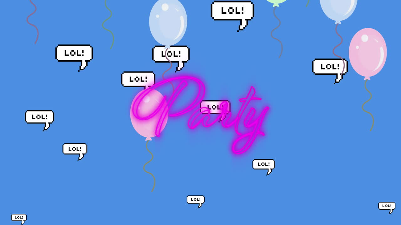 블루 배경에 네온 파티 텍스트와 lol 텍스트 연설 거품에 대한 풍선