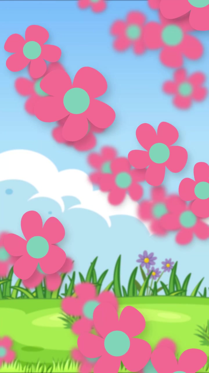 Stylized pink flowers fall continuously against a bright cartoon landscape with green grass and clouds.
