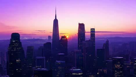 sunrise illuminating the new york city skyline, casting a warm glow over one world trade center and surrounding architecture