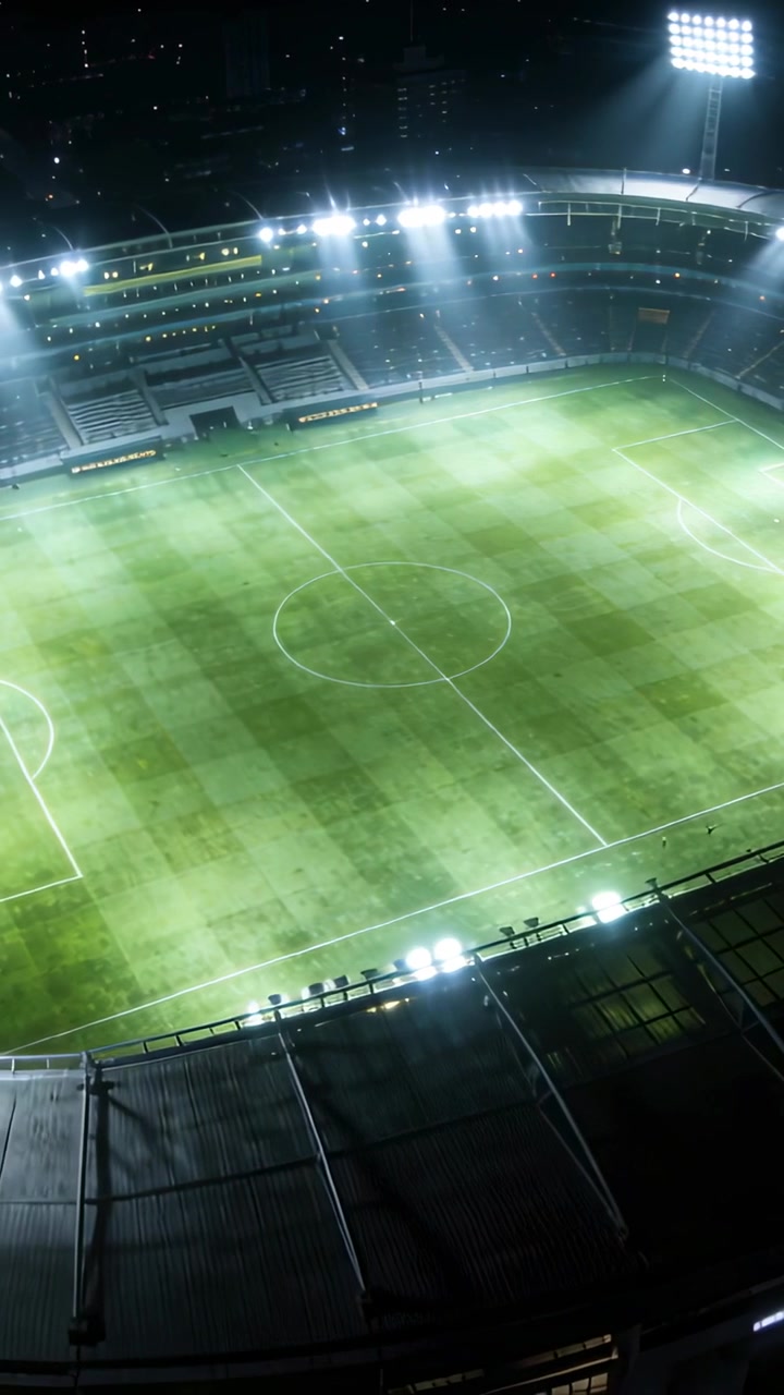 Video verticale: Fari che si accendono, drone che scansiona il campo dello stadio di notte per un controllo dell'illuminazione