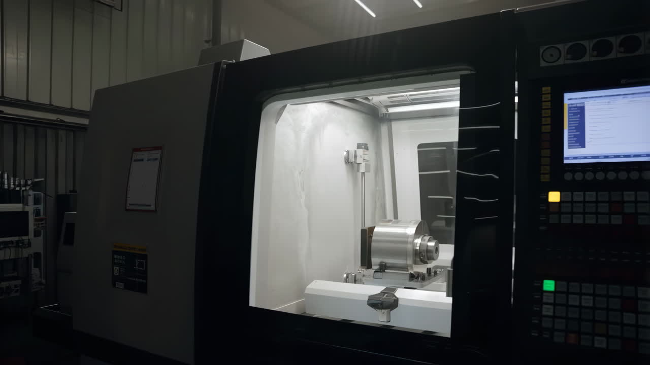 A close-up view of a CNC machine inside a manufacturing facility